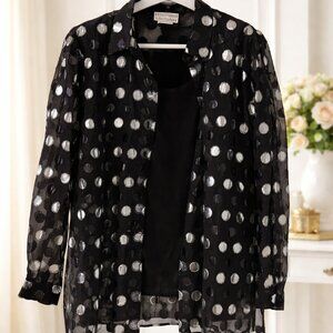 Leslie Fay Sheer Black Silver Polka Dot Blouse Jacket 16